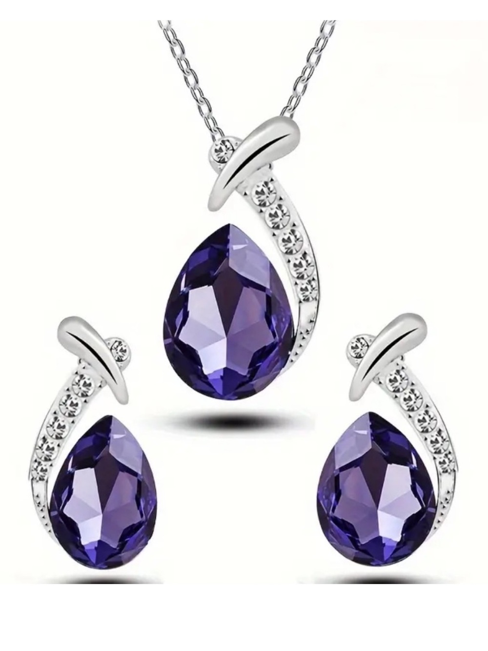 Silver Tone Purple Teardrop Pendant & Earrings Set - Elegant Women's Jewelry